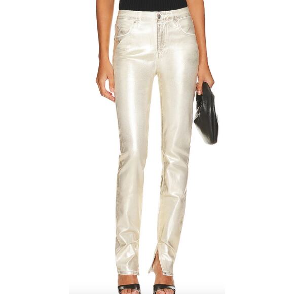 SIMKHAI Gold Tapered Jeans Size 25 Metallic Split Hem Long Pants Designer $295 - Picture 1 of 9